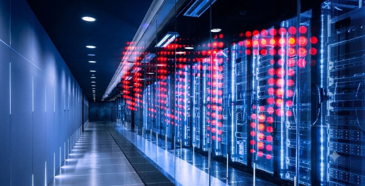 Cool-toned corporate data centre aisle